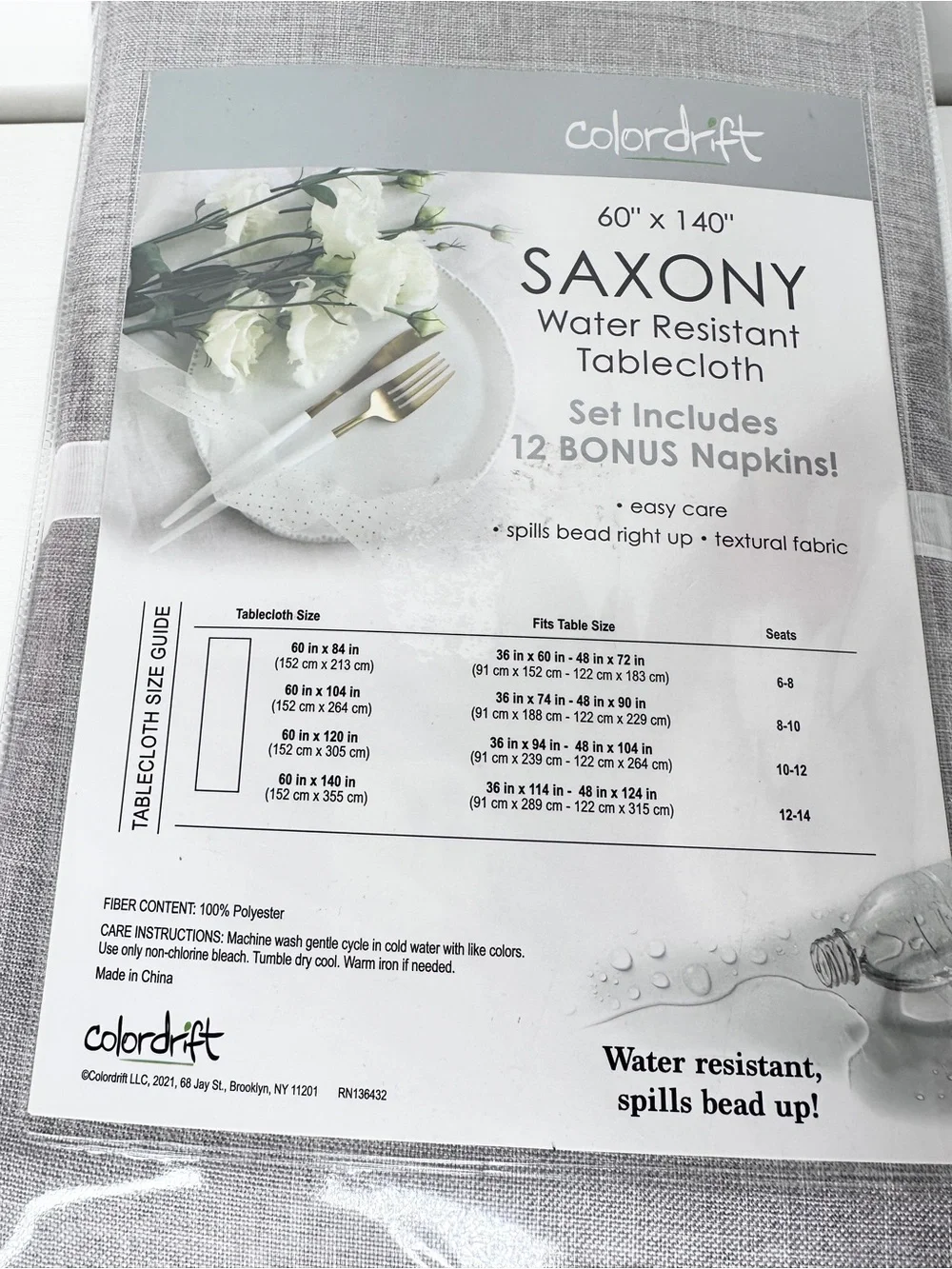 New Colordrift Saxony 60” x 140” Oblong Tablecloth Water Resistant + 12 Napkins